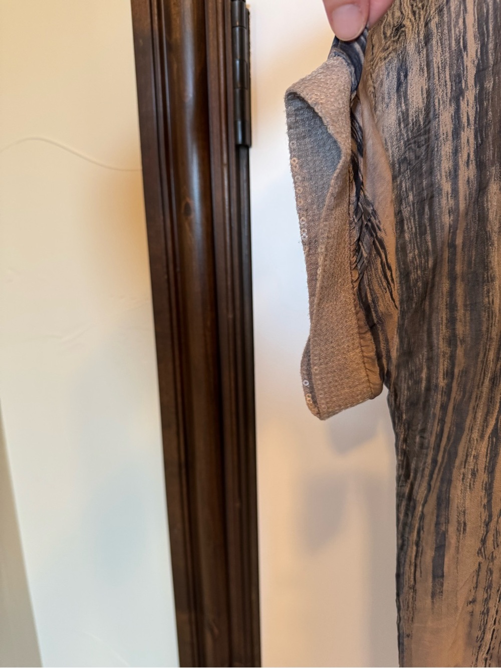 Tempo Paris Taupe and Blue Striped Silk Poncho Lined with Sequin Trim. - Picture 7 of 11